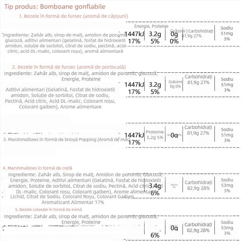 Bare colorate cu inimă de biscuiți și marshmallow, arome de fructe: căpșună, măr și portocală