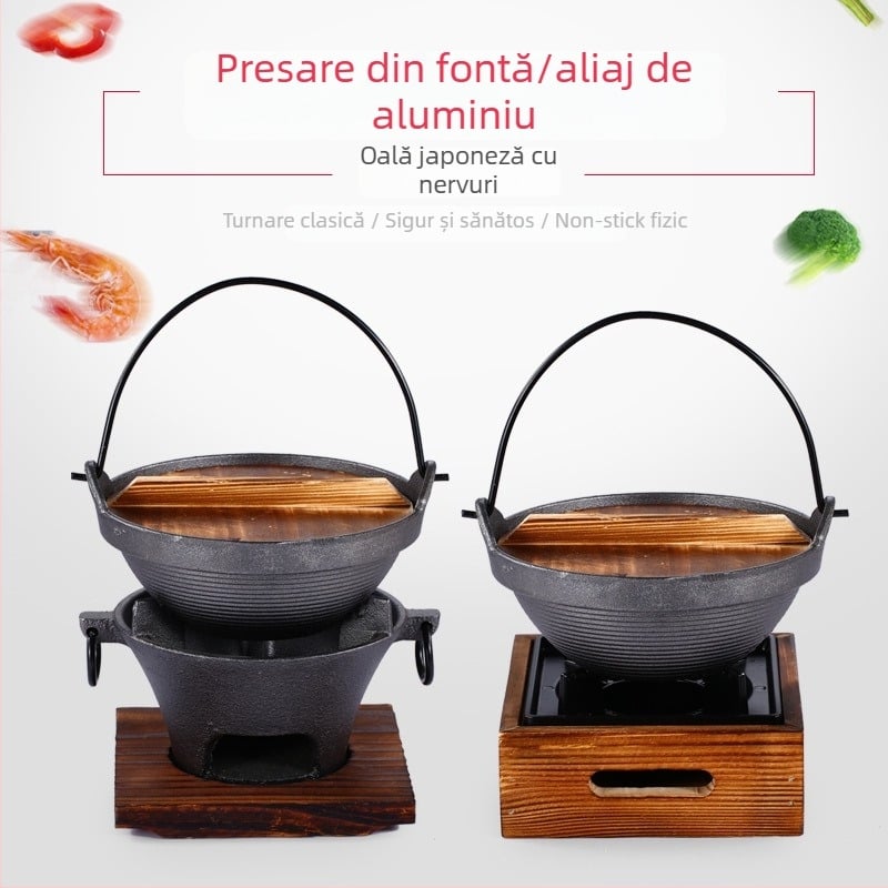 Oală japoneză din fontă pentru sukiyaki, porție individuală, cu aragaz cu alcool solid – oală mică pentru uz casnic