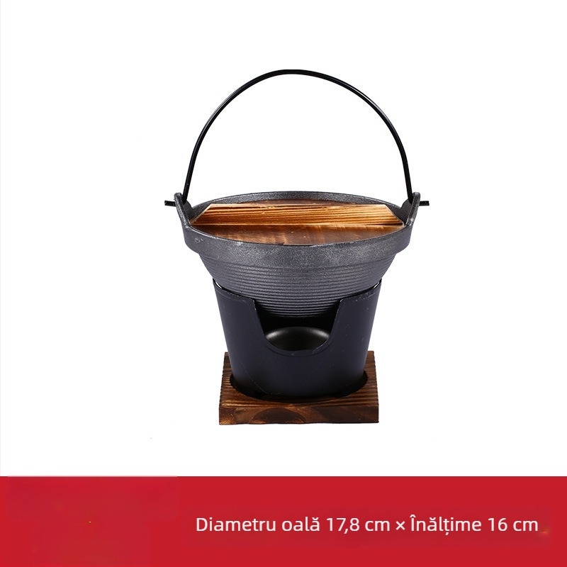 Oală japoneză din fontă pentru sukiyaki, porție individuală, cu aragaz cu alcool solid – oală mică pentru uz casnic