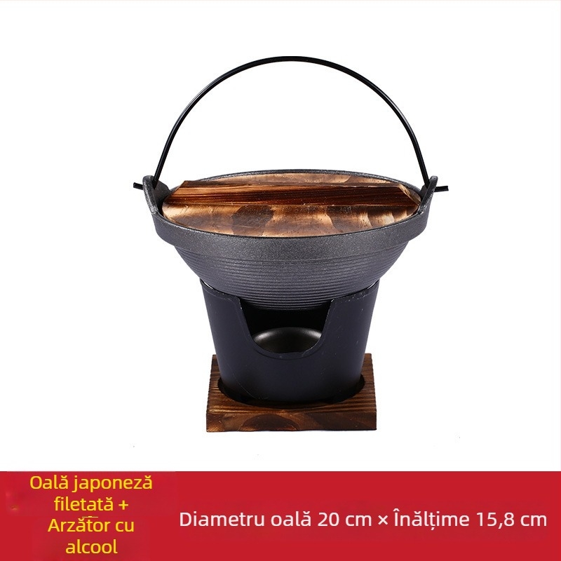 Oală japoneză din fontă pentru sukiyaki, porție individuală, cu aragaz cu alcool solid – oală mică pentru uz casnic