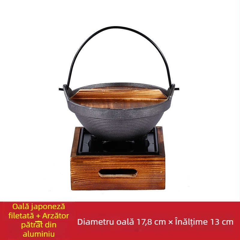 Oală japoneză din fontă pentru sukiyaki, porție individuală, cu aragaz cu alcool solid – oală mică pentru uz casnic