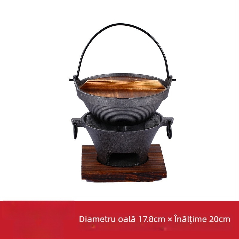 Oală japoneză din fontă pentru sukiyaki, porție individuală, cu aragaz cu alcool solid – oală mică pentru uz casnic