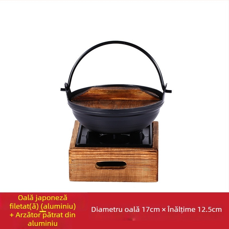 Oală japoneză din fontă pentru sukiyaki, porție individuală, cu aragaz cu alcool solid – oală mică pentru uz casnic