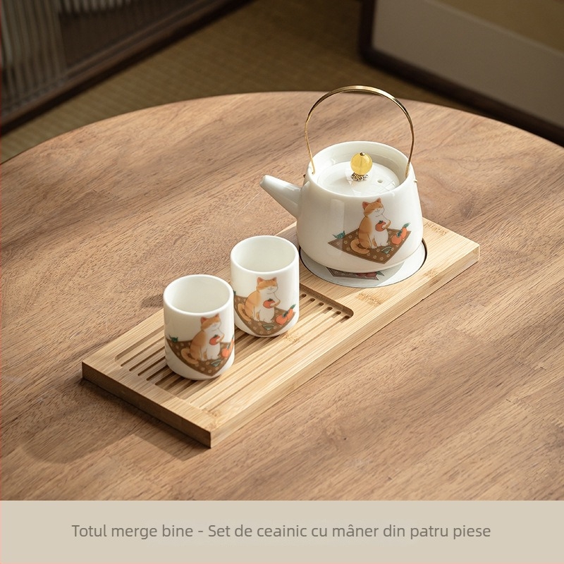 Set de ceai din porțelan Kung Fu cu ceainic cu mâner, design drăguț cu pisică portocalie, include ceainic și două cești pentru doi