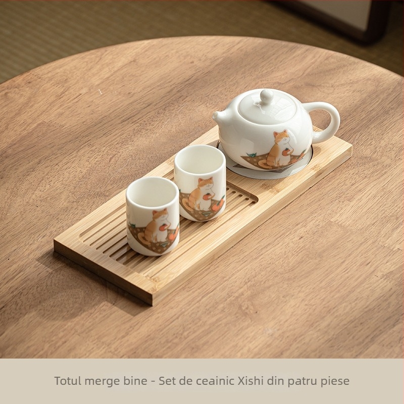 Set de ceai din porțelan Kung Fu cu ceainic cu mâner, design drăguț cu pisică portocalie, include ceainic și două cești pentru doi