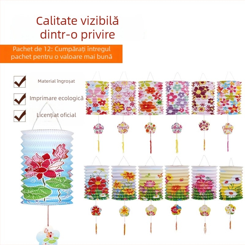 Fanar din hârtie cu LED, pliere în acordeon, design floral și animație în stil desen animat, portabil, mini lampă pentru Festivalul Lunii