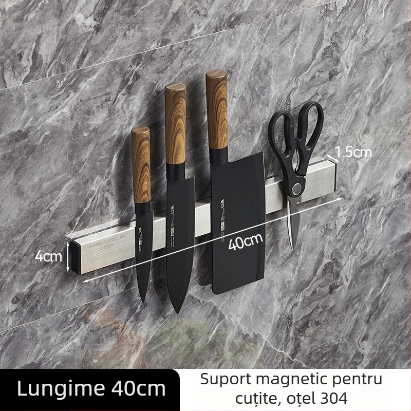 Suport magnetic pentru cuțite din oțel inoxidabil, montaj pe perete pentru bucătărie, fără găuri, magnet puternic, 304
