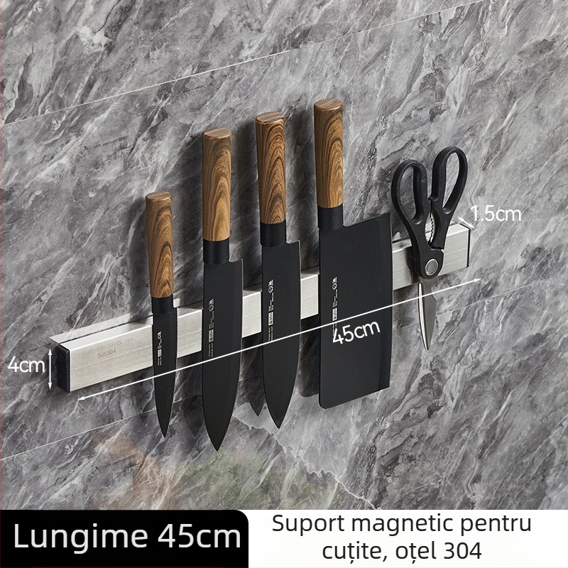 Suport magnetic pentru cuțite din oțel inoxidabil, montaj pe perete pentru bucătărie, fără găuri, magnet puternic, 304