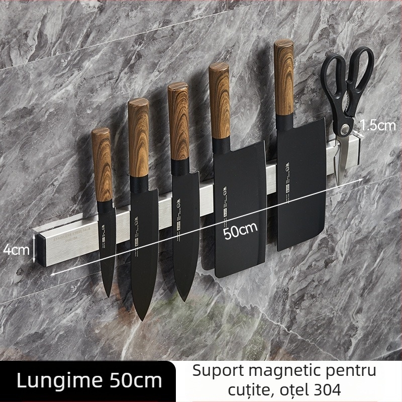 Suport magnetic pentru cuțite din oțel inoxidabil, montaj pe perete pentru bucătărie, fără găuri, magnet puternic, 304