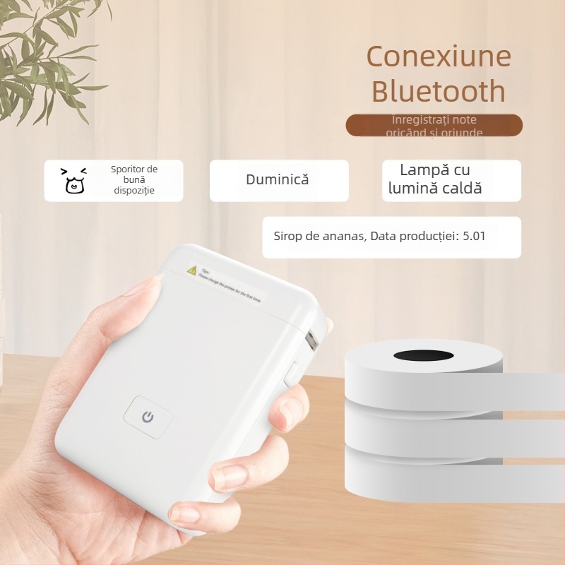 Imprimantă termică pentru etichete, Bluetooth, compactă, de buzunar, pentru uz casnic