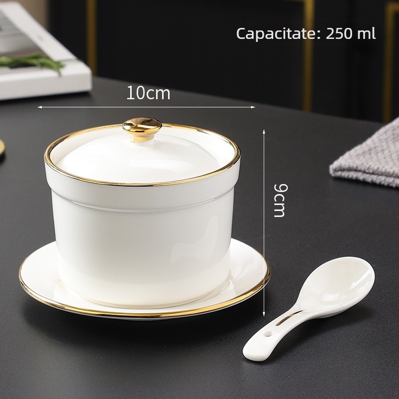 Oală ceramică pentru baie de aburi cu capac, mic bol ceramic pentru supă Bird's Nest, de calitate premium