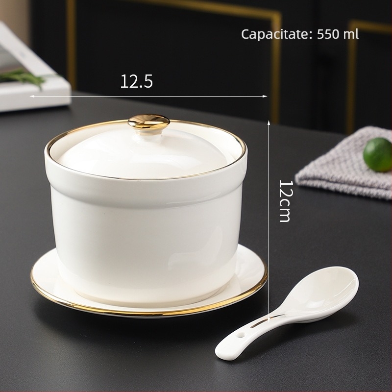 Oală ceramică pentru baie de aburi cu capac, mic bol ceramic pentru supă Bird's Nest, de calitate premium