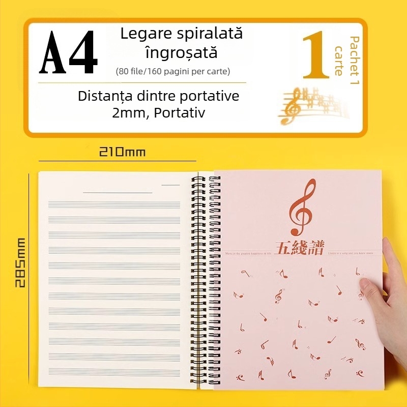Carte de partituri cu cinci linii, spațiere lată, caiet profesional de partituri pentru pian, pentru elevi și începători, caiet de exerciții muzicale, ediție în vrac