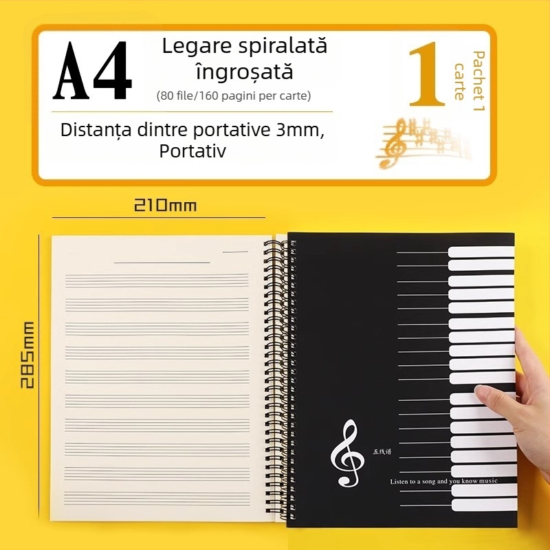 Carte de partituri cu cinci linii, spațiere lată, caiet profesional de partituri pentru pian, pentru elevi și începători, caiet de exerciții muzicale, ediție în vrac