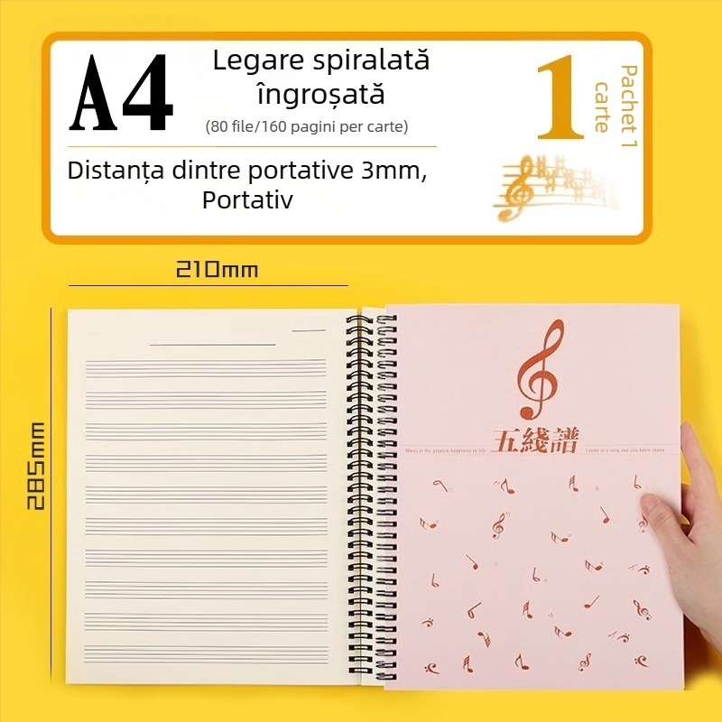 Carte de partituri cu cinci linii, spațiere lată, caiet profesional de partituri pentru pian, pentru elevi și începători, caiet de exerciții muzicale, ediție în vrac