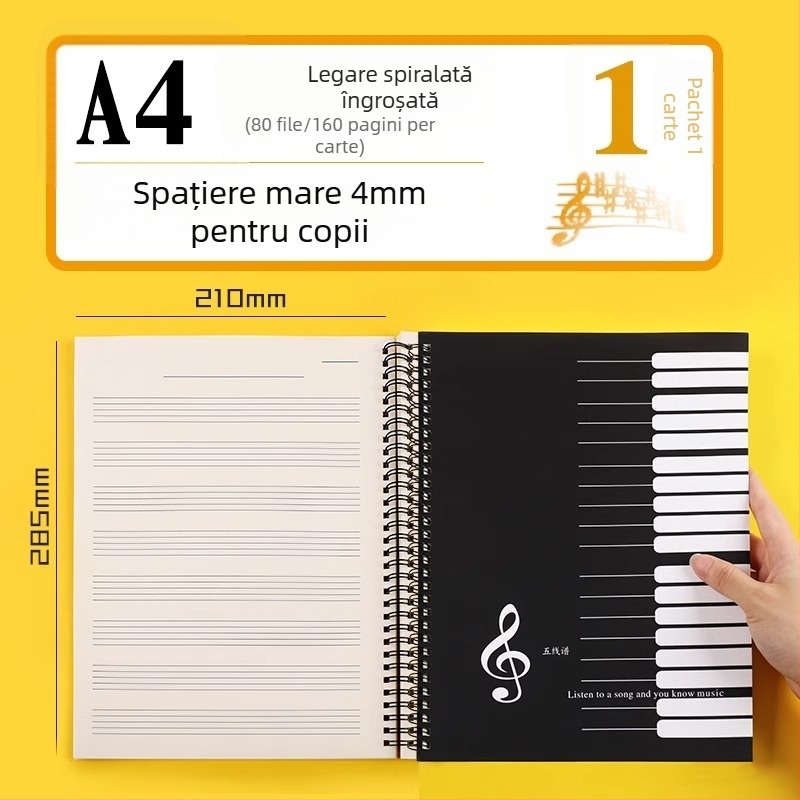 Carte de partituri cu cinci linii, spațiere lată, caiet profesional de partituri pentru pian, pentru elevi și începători, caiet de exerciții muzicale, ediție în vrac