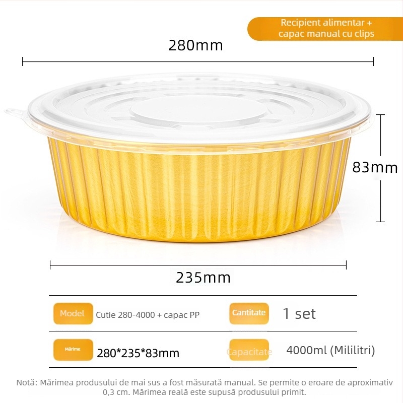 Tavă rotundă din folie de aluminiu pentru copt, 280×83 mm, 4000 ml, rezistentă la temperaturi înalte, antiaderent