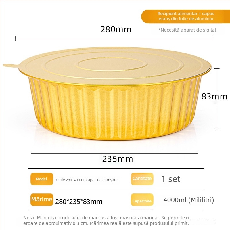 Tavă rotundă din folie de aluminiu pentru copt, 280×83 mm, 4000 ml, rezistentă la temperaturi înalte, antiaderent