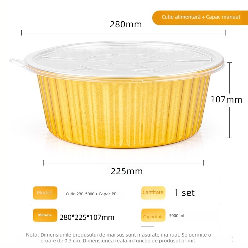 Tavă rotundă din folie de aluminiu pentru copt, 280×83 mm, 4000 ml, rezistentă la temperaturi înalte, antiaderent