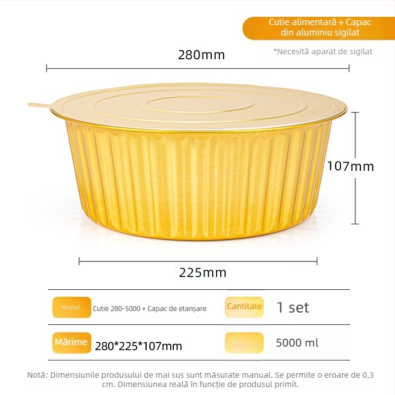 Tavă rotundă din folie de aluminiu pentru copt, 280×83 mm, 4000 ml, rezistentă la temperaturi înalte, antiaderent