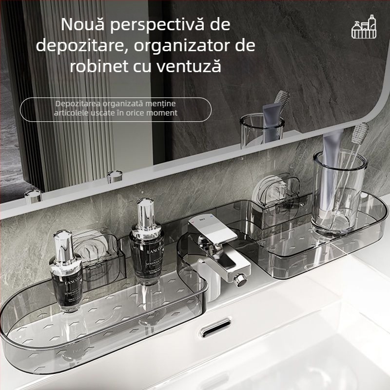 Raft de depozitare pentru baie, montat pe perete cu ventuză, pentru chiuvetă și robinet, în fața oglinzii, fără găuri
