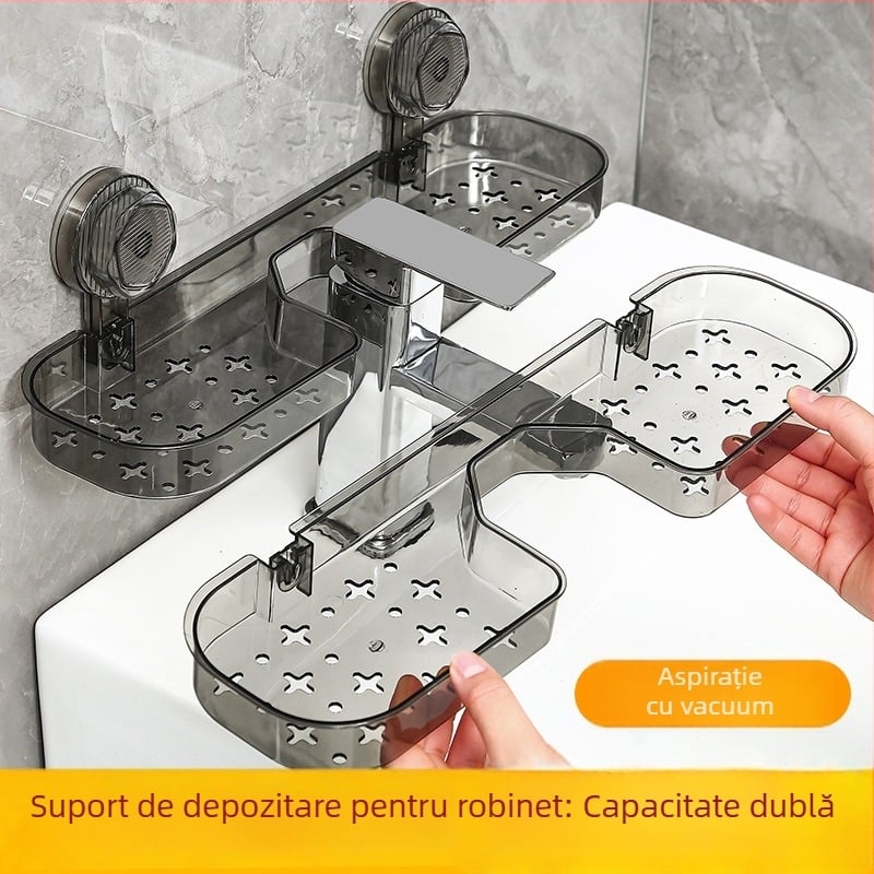 Raft de depozitare pentru baie, montat cu ventuze, fără găuri, pentru chiuvetă și baterie, în fața oglinzii, din plastic, model 5092