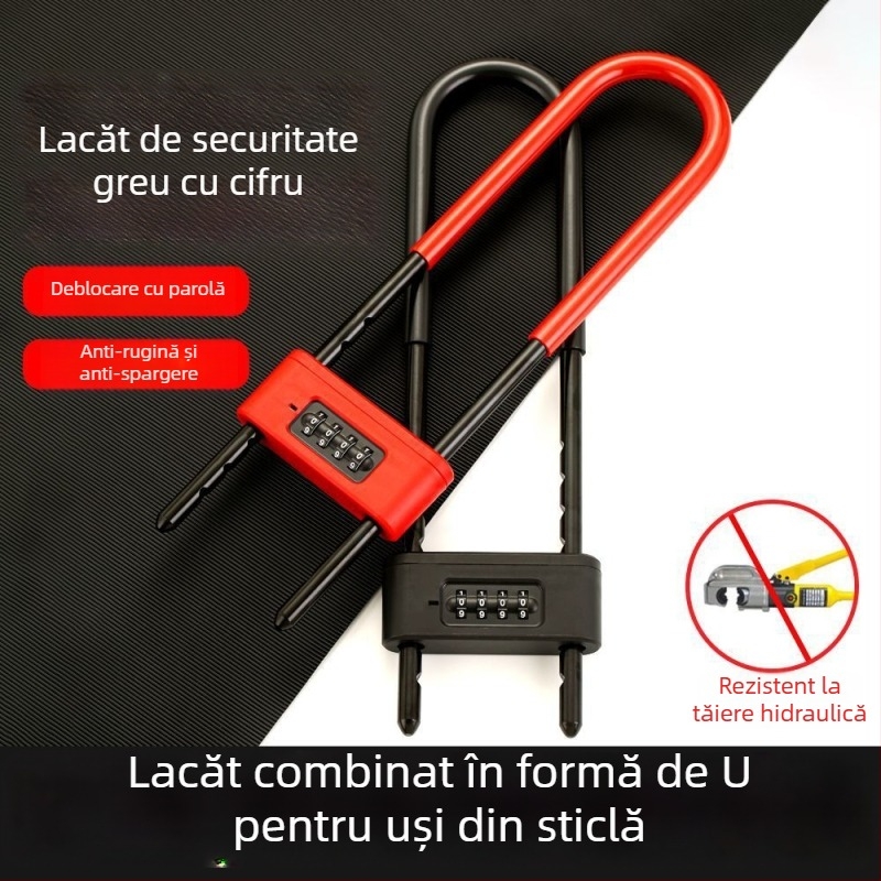 Încuietoare în formă de U cu parolă pentru uși din sticlă – ușă de magazin cu două uși, anti-furt, mâner, oțel inoxidabil