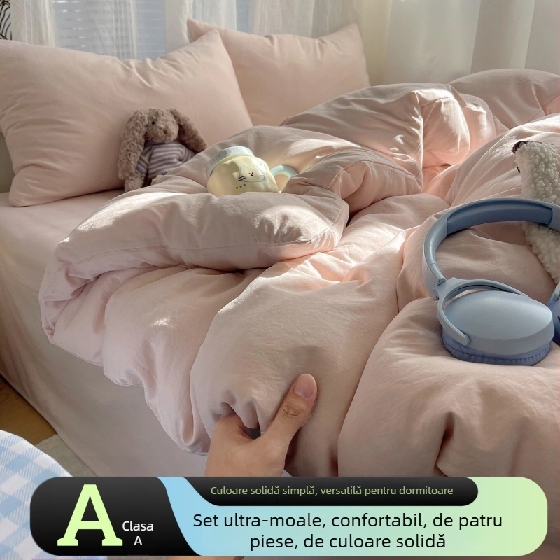 Set de lenjerie de pat din bumbac 100%, 4 piese, model 2026, cu husă de pilotă și cearșaf; potrivit pentru patul simplu al unui student.