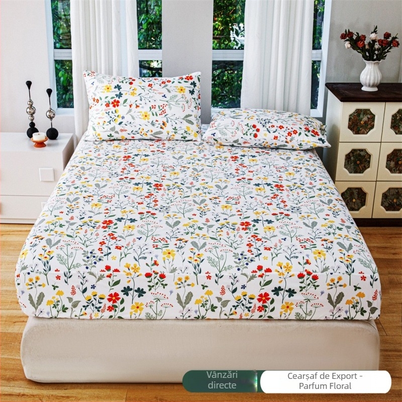 Set floral din trei piese: cearșaf cu elastic, fețe de pernă și protecție pentru saltea anti-murdărie, potrivit pentru pat de 1,5 m