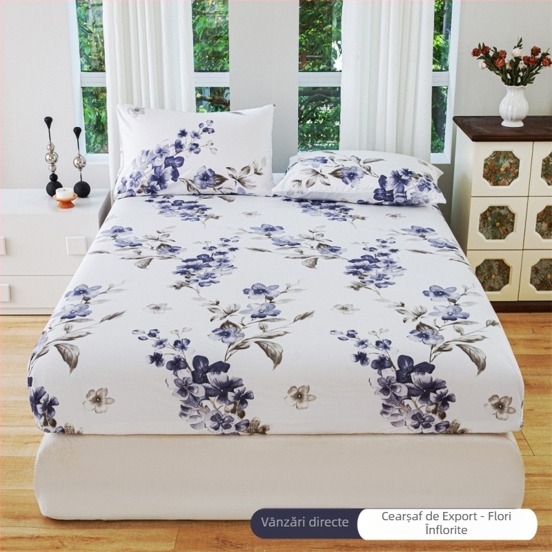 Set floral din trei piese: cearșaf cu elastic, fețe de pernă și protecție pentru saltea anti-murdărie, potrivit pentru pat de 1,5 m