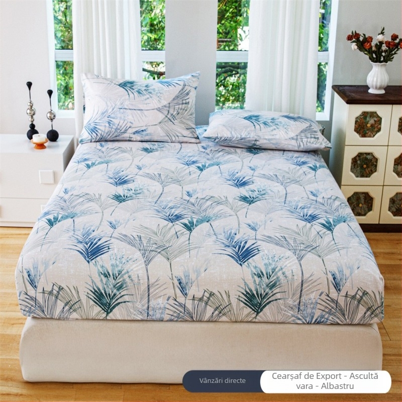 Set floral din trei piese: cearșaf cu elastic, fețe de pernă și protecție pentru saltea anti-murdărie, potrivit pentru pat de 1,5 m