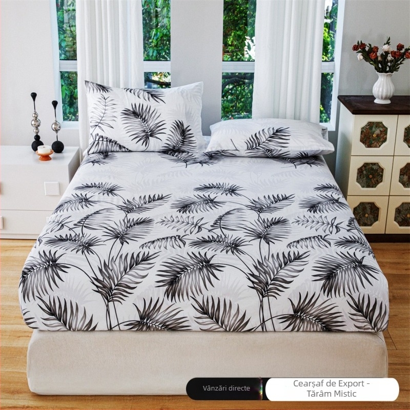 Set floral din trei piese: cearșaf cu elastic, fețe de pernă și protecție pentru saltea anti-murdărie, potrivit pentru pat de 1,5 m