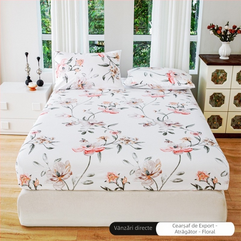 Set floral din trei piese: cearșaf cu elastic, fețe de pernă și protecție pentru saltea anti-murdărie, potrivit pentru pat de 1,5 m