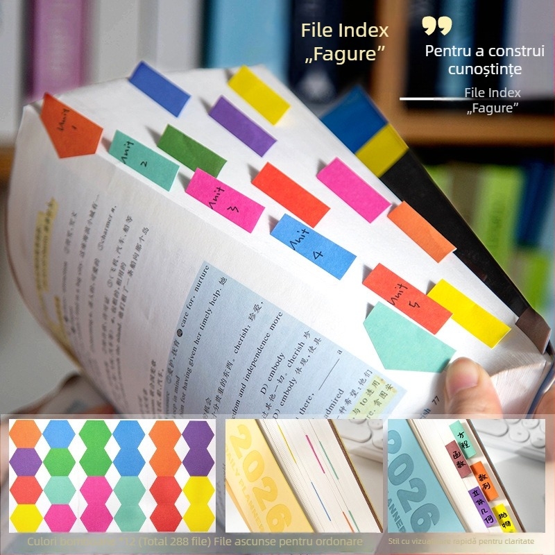 Etichete index hexagonale colorate cu margine lipicioasă, marcaje și notițe pentru elevi