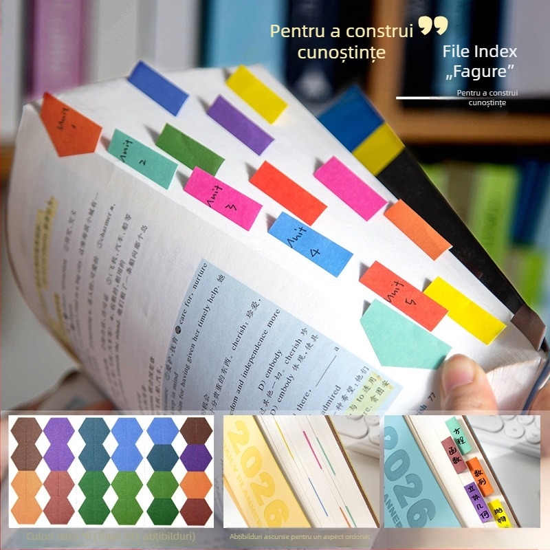 Etichete index hexagonale colorate cu margine lipicioasă, marcaje și notițe pentru elevi