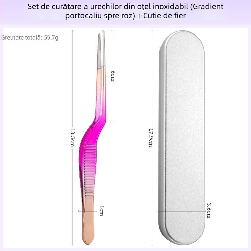 Set profesional pentru curățarea urechilor: pensete din oțel inoxidabil, clipsuri pentru urechi și linguriță pentru urechi, cu dinți în formă de crocodil, pentru copii și adulți