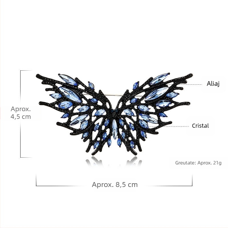 Broșă cu fluture din cristale în nuanțe închise, design de nișă, accesoriu stilat pentru sacou