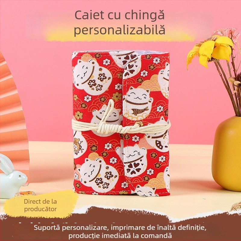 Caiet textil vintage cu foi detașabile, format A6, cu bretea; jurnal cu pisică norocoasă; carte de economii; carnet de ștampile de călătorie; caiet