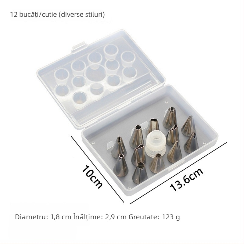 Set de duze pentru decorare prăjituri din oțel inoxidabil 304, cu pungă pentru decorare și instrumente de copt
