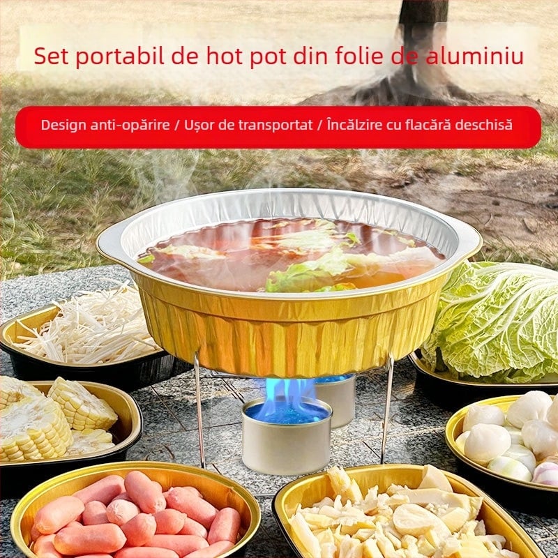Oală de unică folosință din folie de aluminiu pentru camping, utilizare în aer liber, capacitate 2,1–4 L, neelectrică.