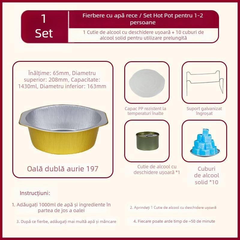 Oală de unică folosință din folie de aluminiu pentru camping, utilizare în aer liber, capacitate 2,1–4 L, neelectrică.