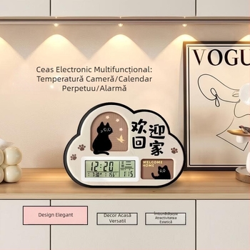 Ceas de birou din lemn cu afișaj LED, alarmă, calendar și termometru - decor de interior pentru casă