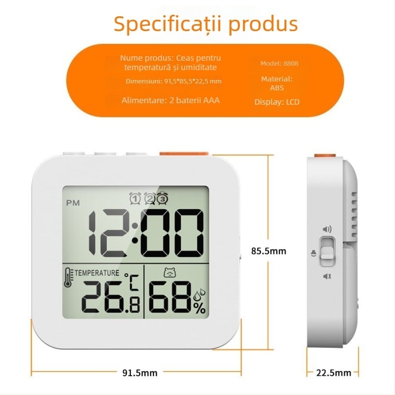 Set de trei ceasuri de alarmă cu termometru și higrometru, afișaj LCD, funcție Snooze și iluminare, ceas de birou