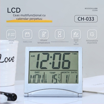 Ceas de birou electronic ultra-subțire, cu dată digitală, temperatură și alarmă