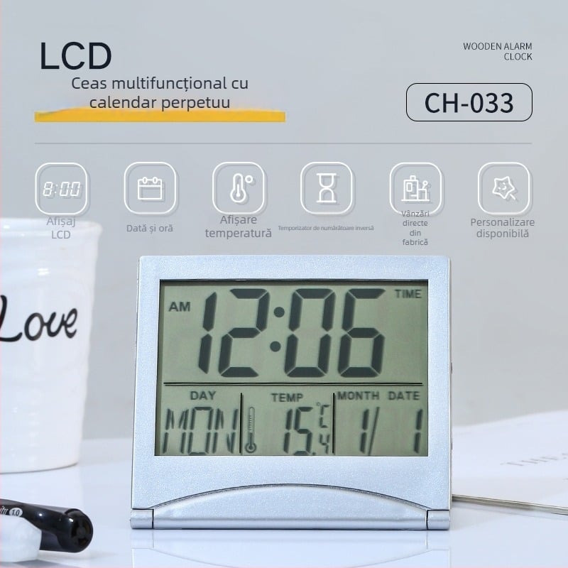 Ceas de birou electronic ultra-subțire, cu dată digitală, temperatură și alarmă