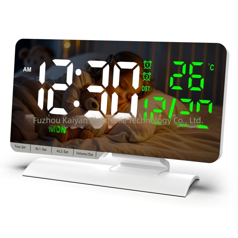Ceas de birou cu LED, oglindă, termometru, calendar perpetuu (ziua și luna), afișaj 24h, ora de vară
