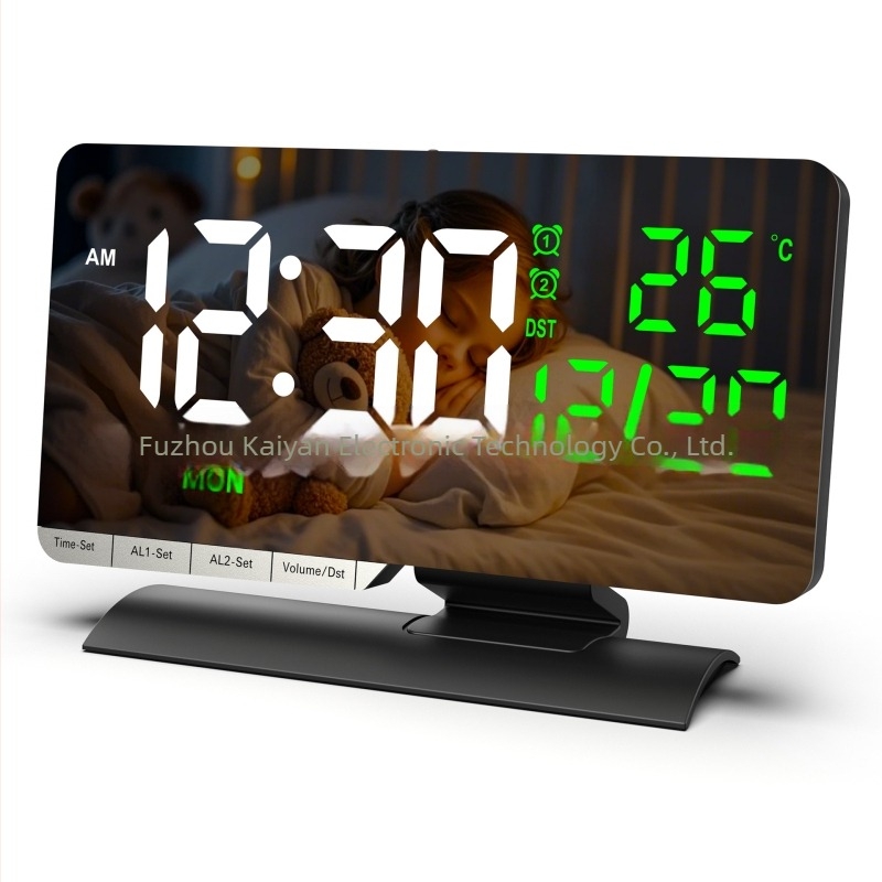 Ceas de birou cu LED, oglindă, termometru, calendar perpetuu (ziua și luna), afișaj 24h, ora de vară