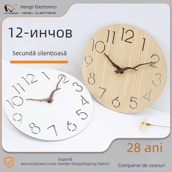 Hengli ceas de perete pentru sufragerie, 12 inch, aspect lemn MDF, ace din lemn, mișcare silențioasă