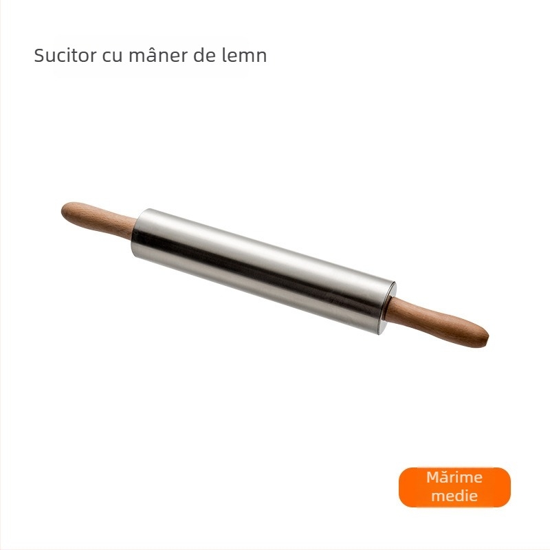 Rulou de aluat din oțel inox, mâner din lemn, potrivit pentru întinderea aluatului și foi de găluște