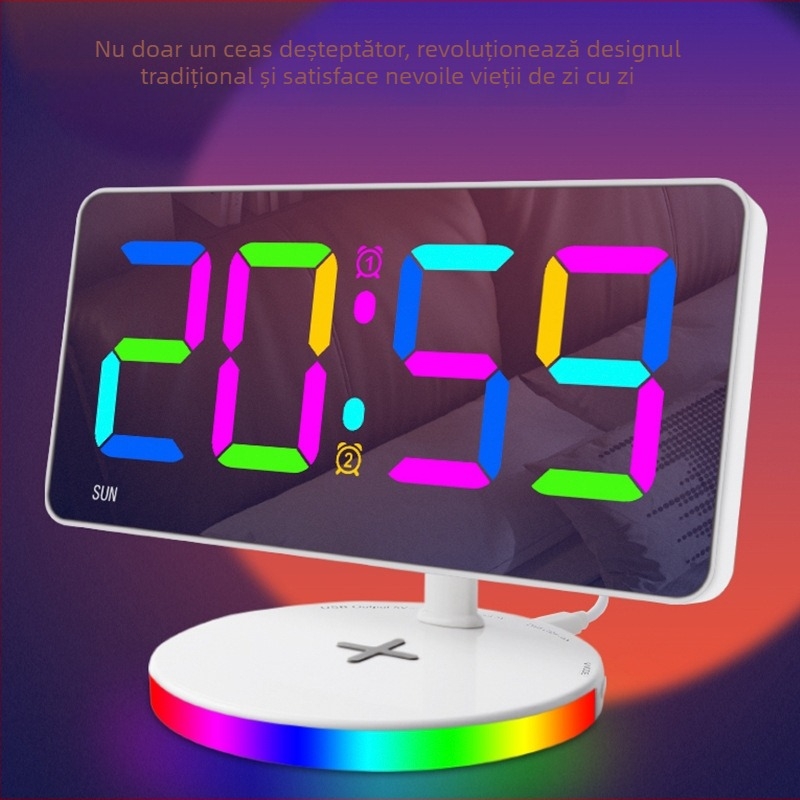 Ceas de alarmă oglindă RGB, cu ecran LED mare, încărcare wireless, lampă de noapte și ceas digital de birou